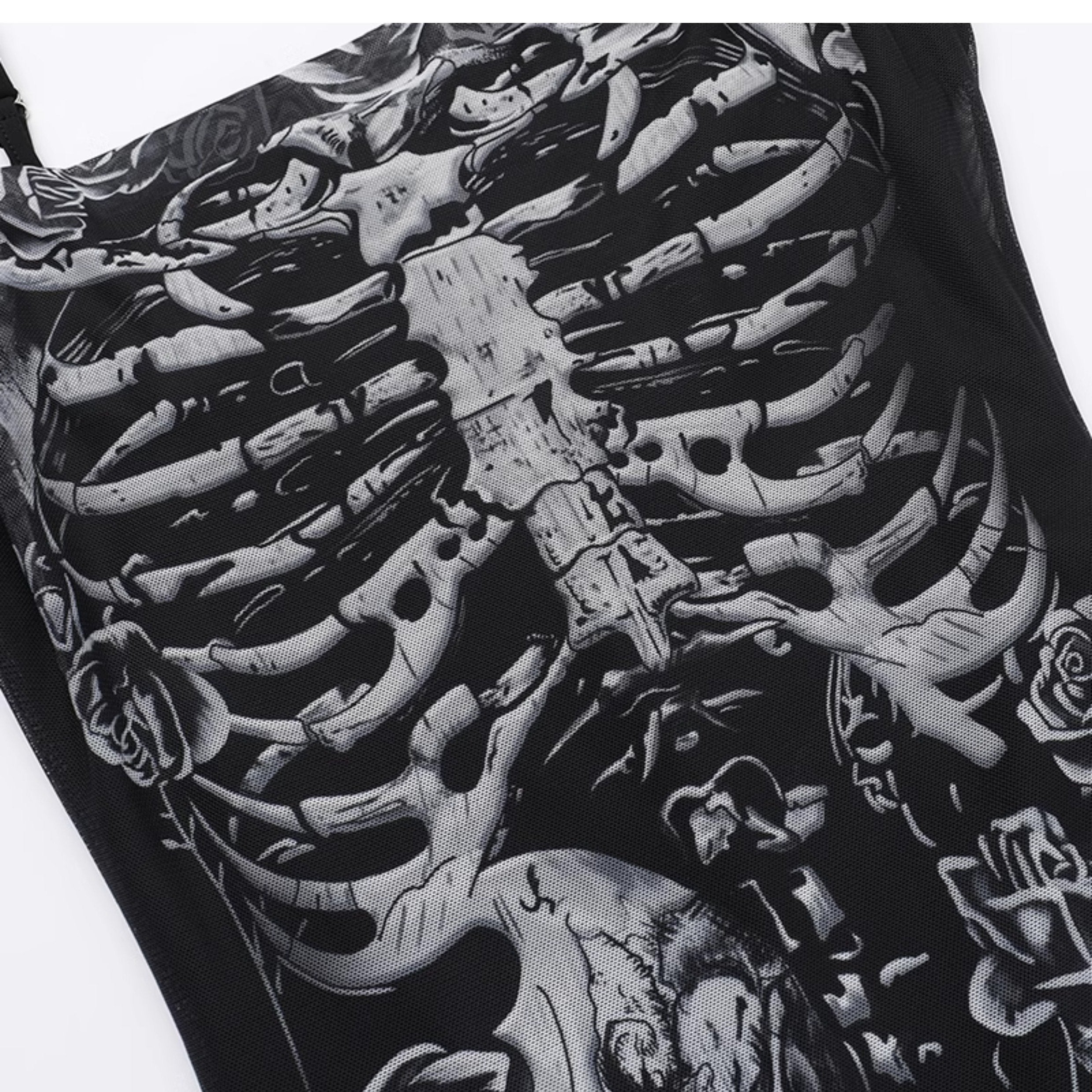 Human skeleton print mesh cami maxi dress