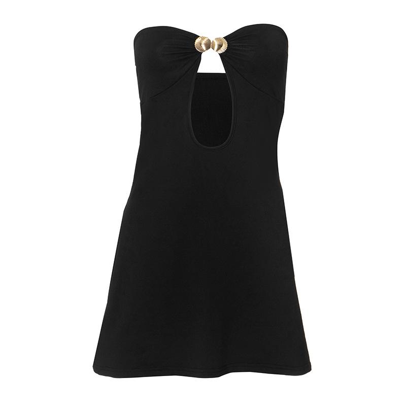 Metal applique hollow out solid tube mini dress