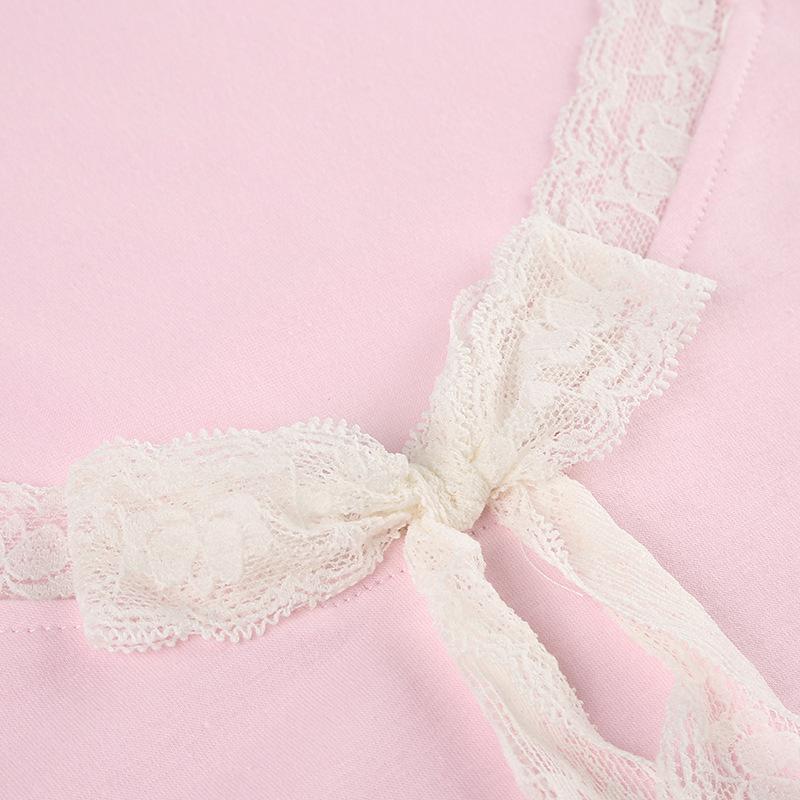 Short sleeve u neck bowknot lace hem top