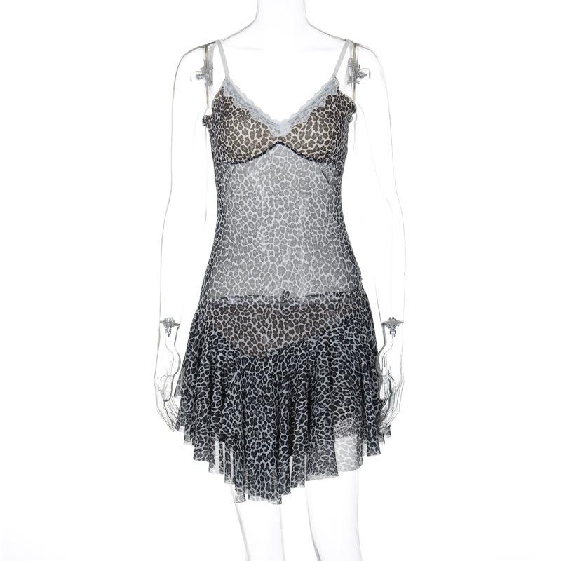 Leopard print lace hem mesh v neck cami mini dress