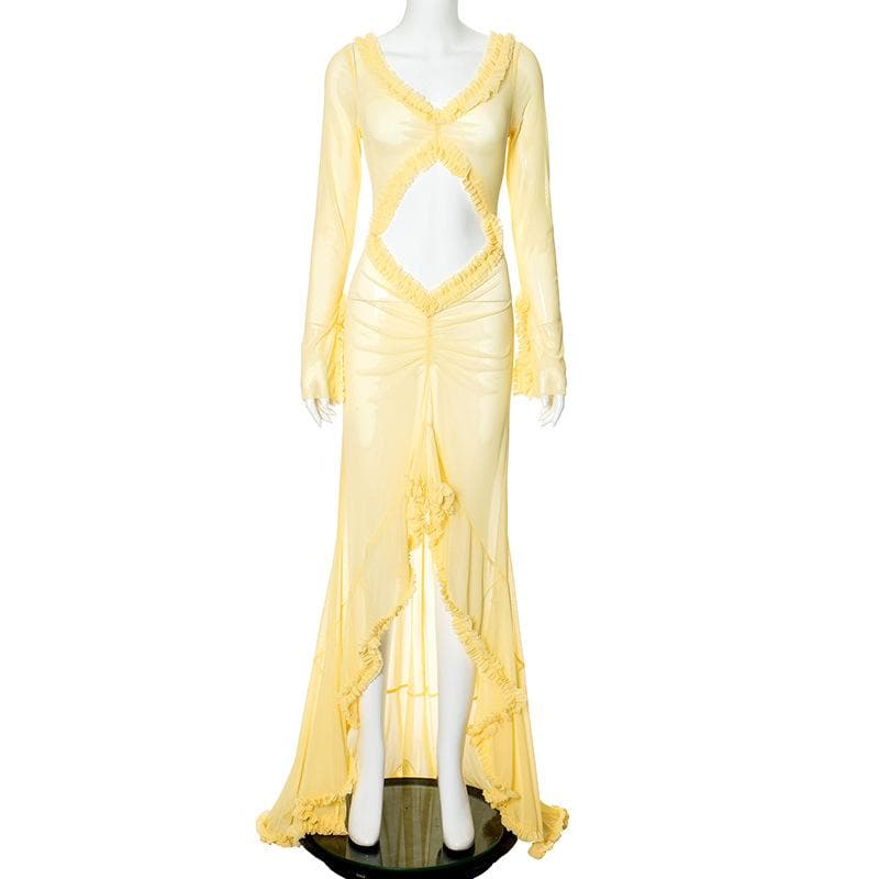 Long sleeve ruffle hollow out v neck sheer mesh cut out maxi dress  | samba dress
