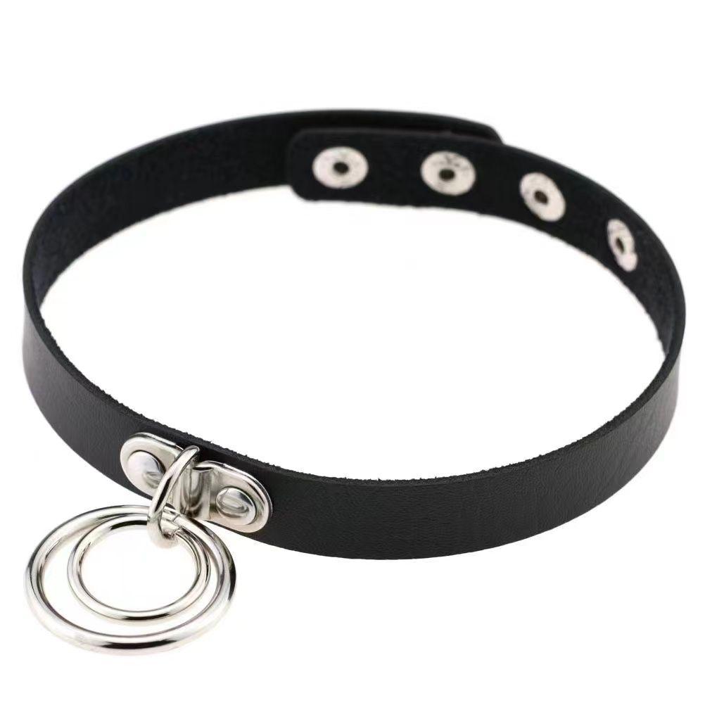 PU leather rivet o ring metal chain necklace