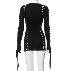 Hollow out self tie long sleeve solid crewneck mini dress  | red tango dress