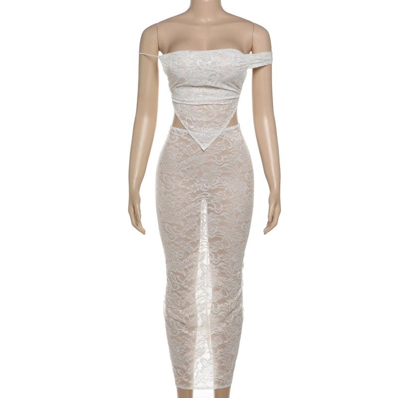 Off shoulder lace self tie backless slit maxi skirt set
