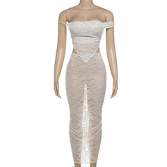 Off shoulder lace self tie backless slit maxi skirt set