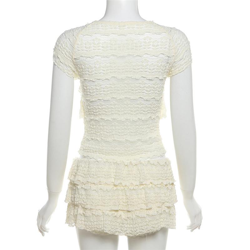 Crewneck ruffle lace ruched cap sleeve pant set