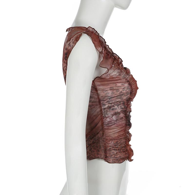 Cap sleeve ruffle sheer mesh print ruched top