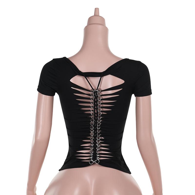 Short sleeve print hollow out o ring top