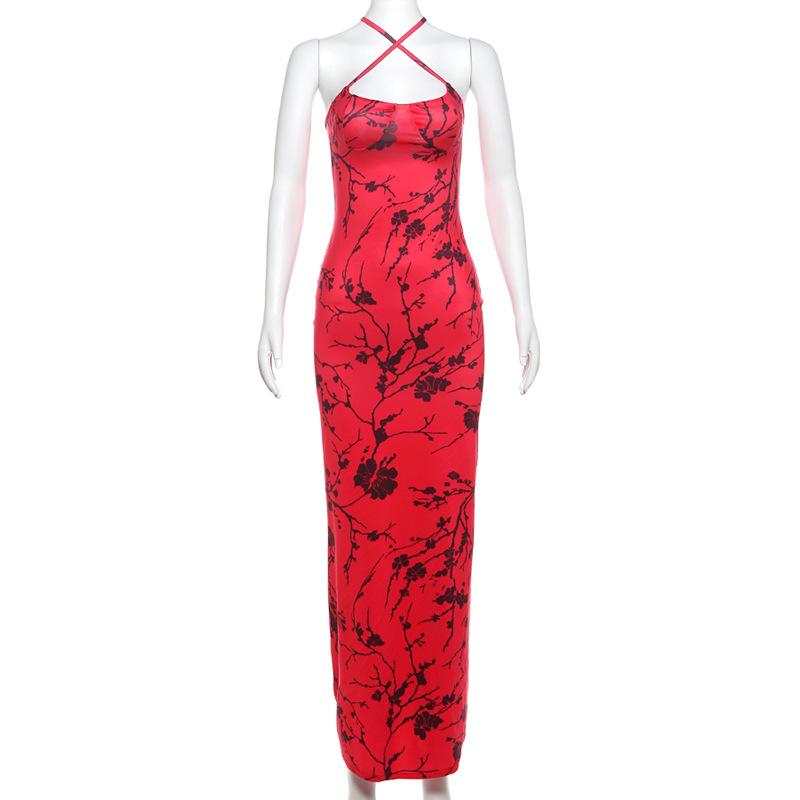 Print cross front ruched cami maxi dress  | red tango dress