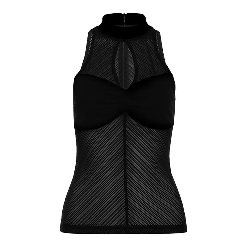 High neck ruched hollow out mesh zip-up tank top