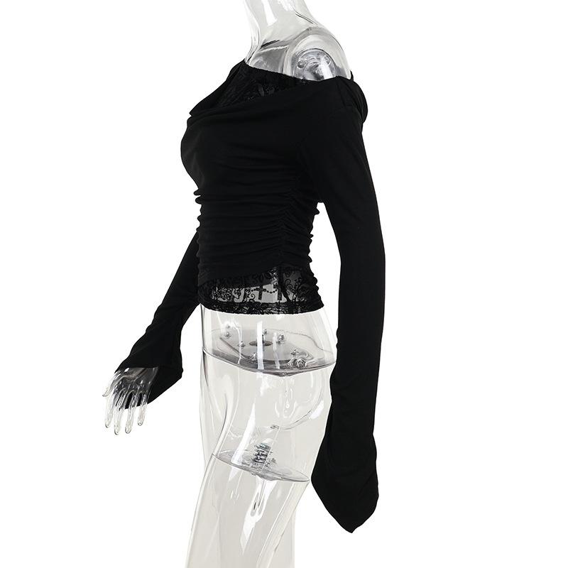 Off shoulder long flared sleeve mesh patchwork top