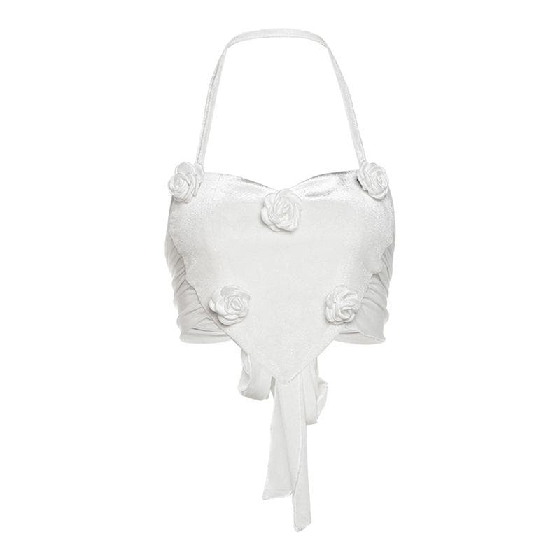 Halter flower applique velvet mesh self tie crop top