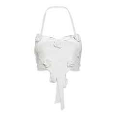 Halter flower applique velvet mesh self tie crop top