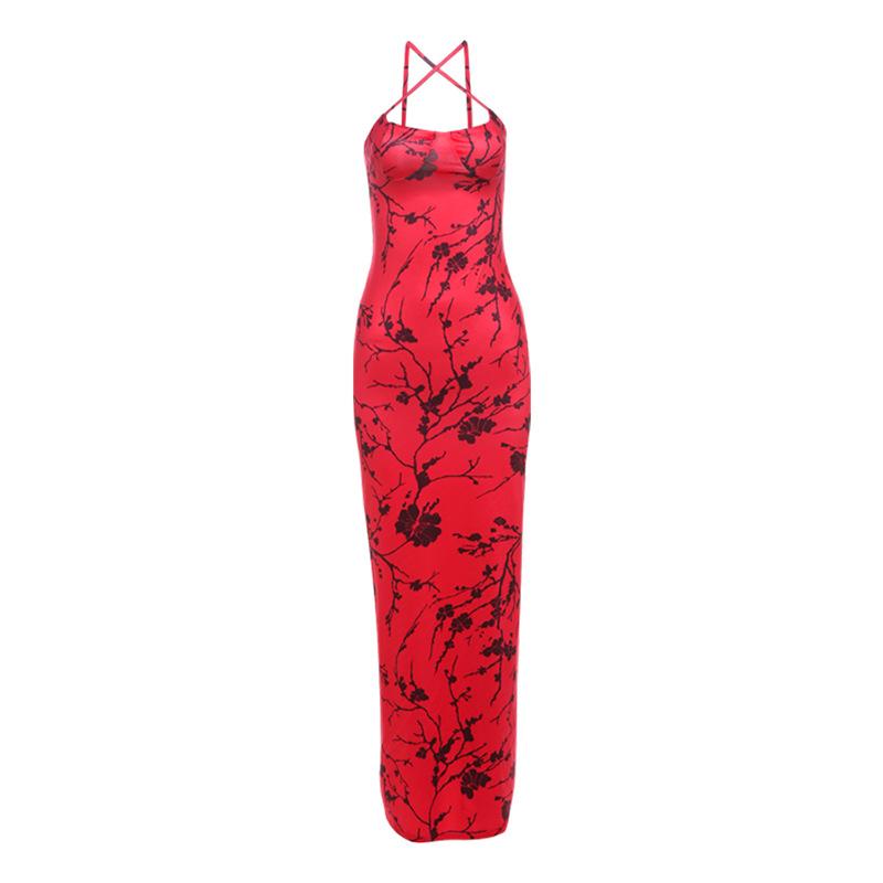 Print cross front ruched cami maxi dress  | red tango dress