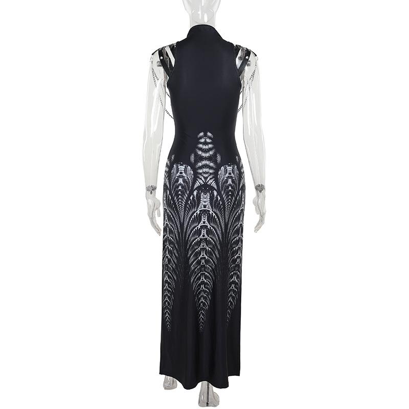 High neck lace up abstract print metal chain slit maxi dress