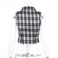 Plaid sleeveless lace up corset top