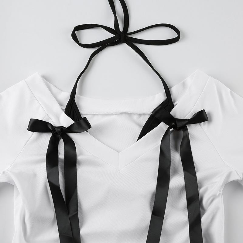 Halter v neck long sleeve bowknot top