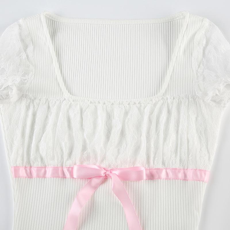 Short sleeve bowknot ribbon ribbed lace top