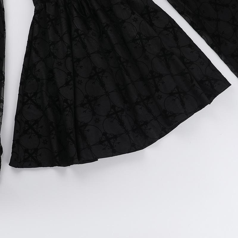 Long flared sleeve off shoulder cross applique mini dress  | black rave dress