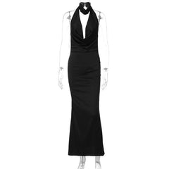 Halter cowl neck button ruched satin backless maxi dress
