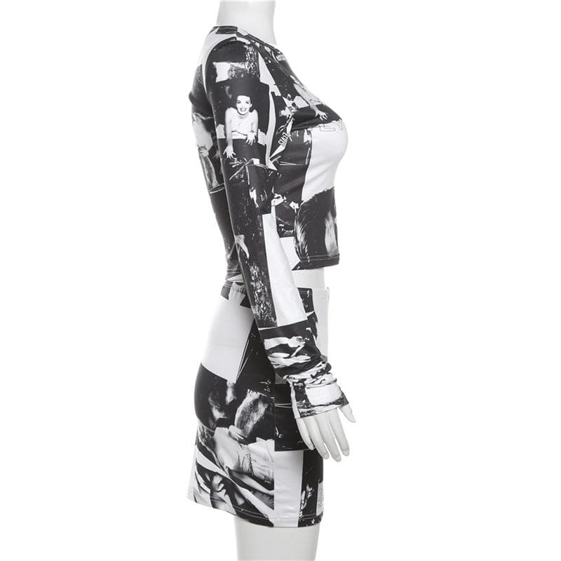 Long sleeve print crewneck mini skirt set