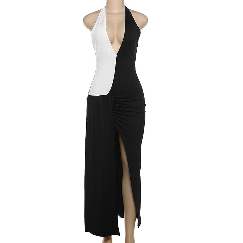 Halter deep v neck high slit patchwork midi dress