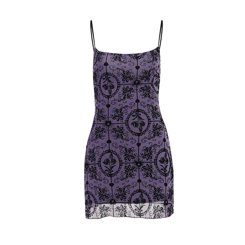 U neck velvet print mesh ruffle cami mini dress