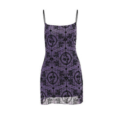 U neck velvet print mesh ruffle cami mini dress