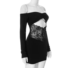 Off shoulder long sleeve hollow out lace mini dress