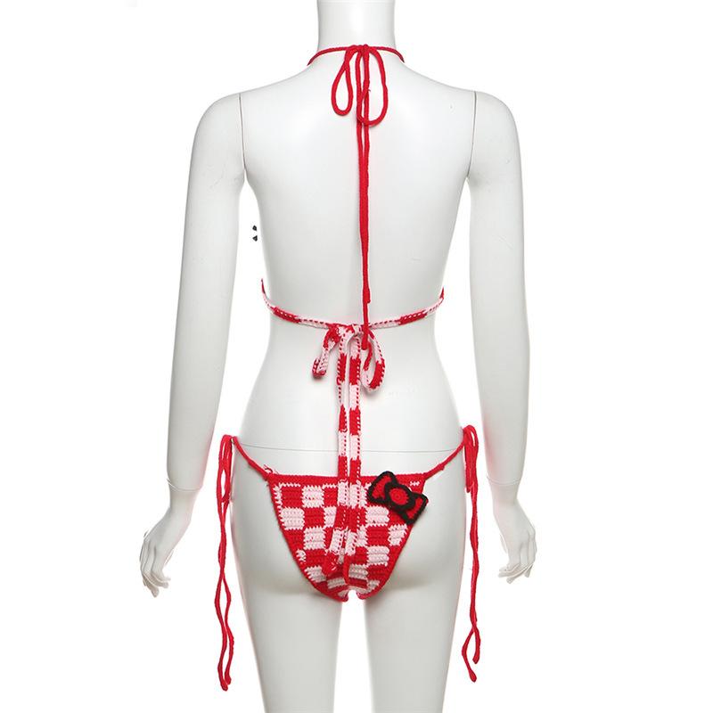 Self tie halter knitted backless contrast pant set