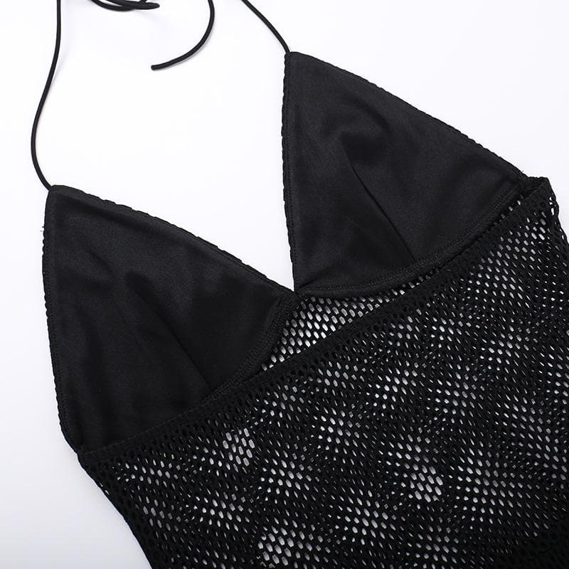 Halter ruffle see through pin applique fishnet mini dress