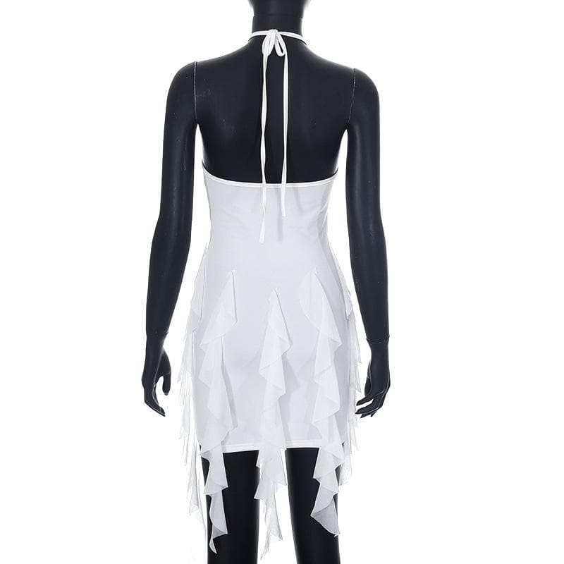 Ruffle halter solid cross front backless self tie mini dress  | black rave dress  | black rave dress