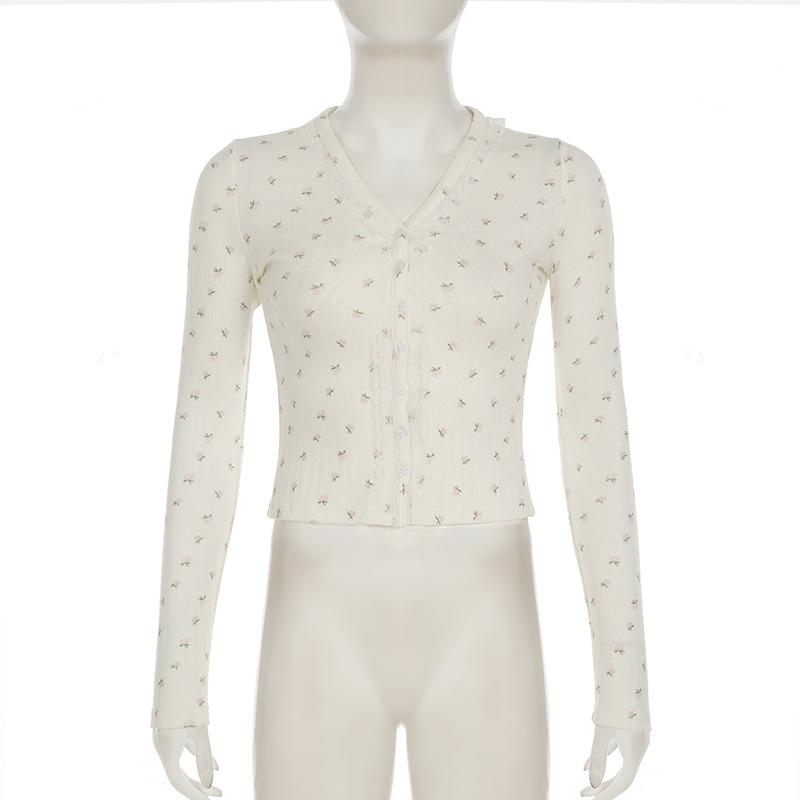 Long sleeve textured flower print button lace hem top