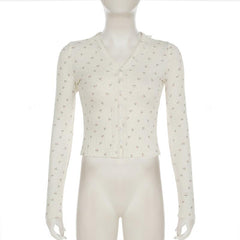 Long sleeve textured flower print button lace hem top