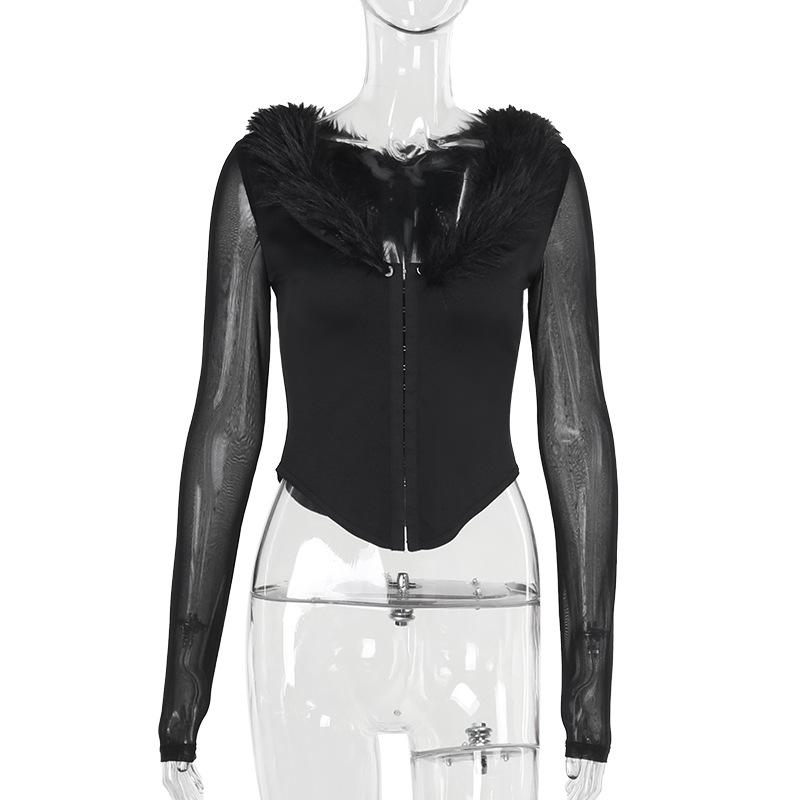 V neck long sleeve fluffy button top