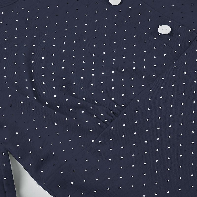 Polka dot long sleeve button lace hem patchwork top