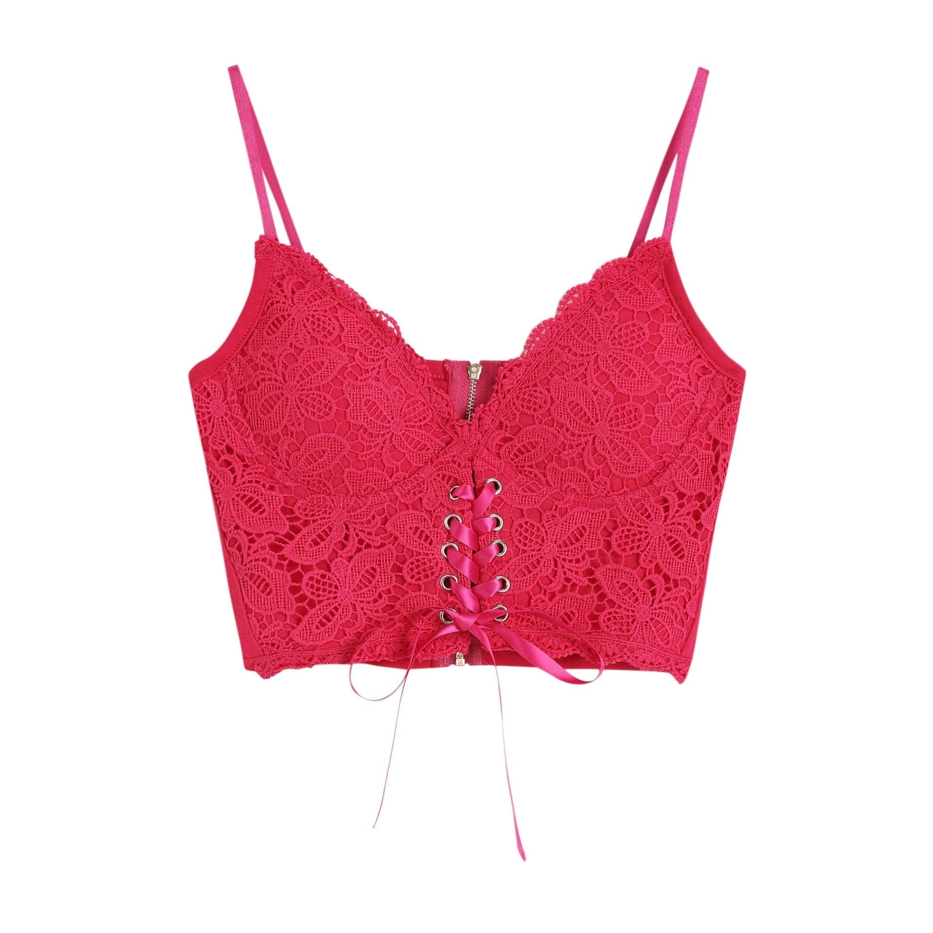 V neck heart neck solid lace up zip-up lace hem cami top