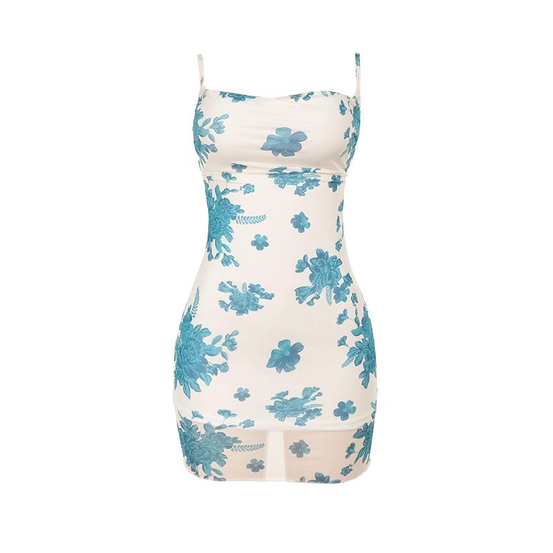Flower print mesh lace up cami mini dress