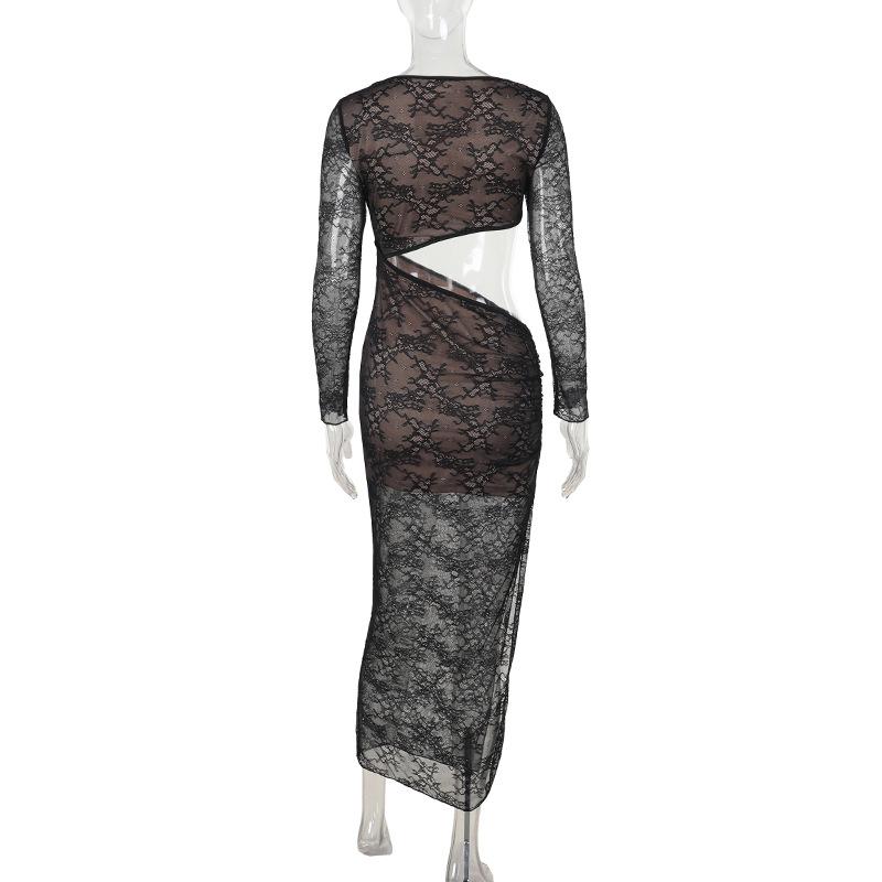 Crewneck long sleeve lace hollow out maxi dress