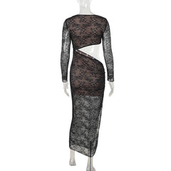 Crewneck long sleeve lace hollow out maxi dress