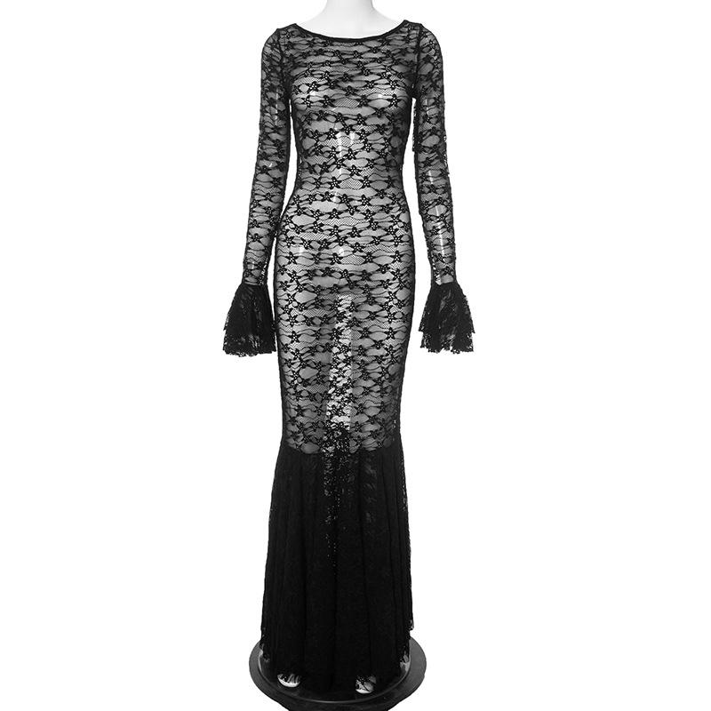 Long flared sleeve lace see through ruched maxi dress