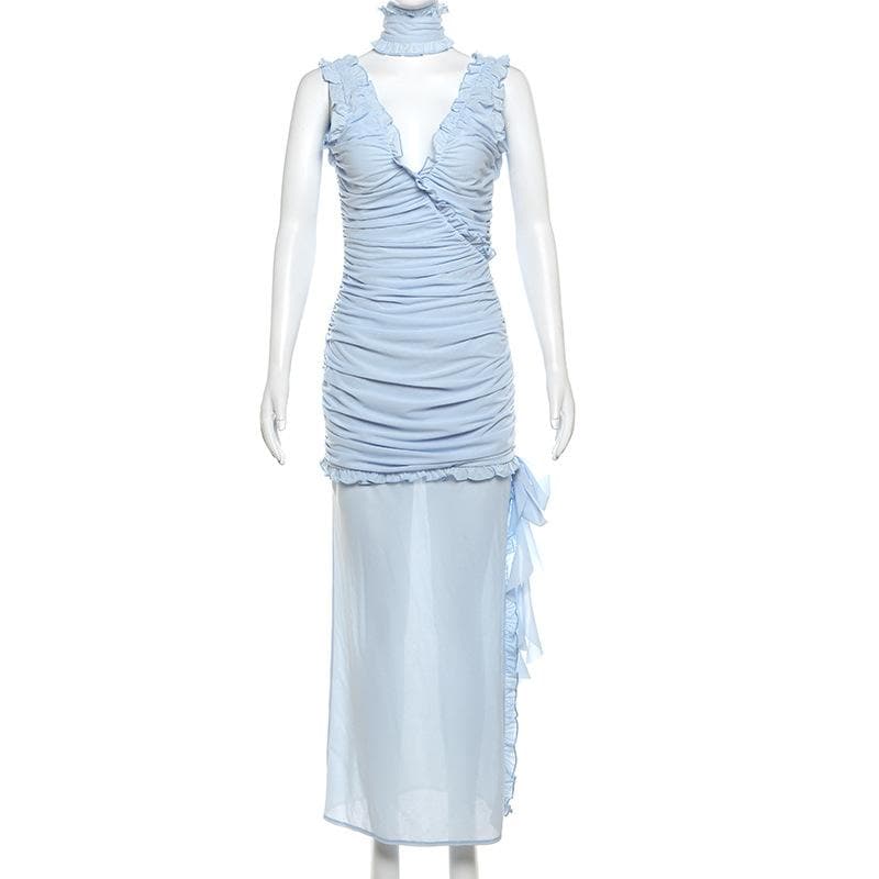 Ruched v neck backless ruffle 2 piece maxi dress