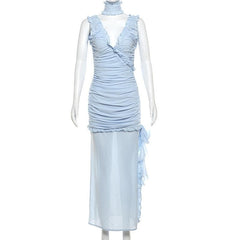 Ruched v neck backless ruffle 2 piece maxi dress