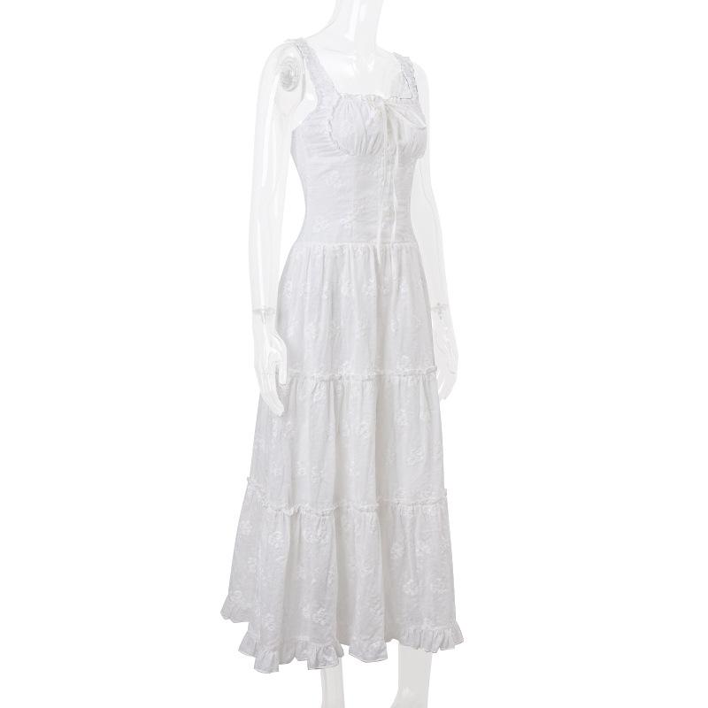 Drawstring ruched ruffle textured cami midi dress