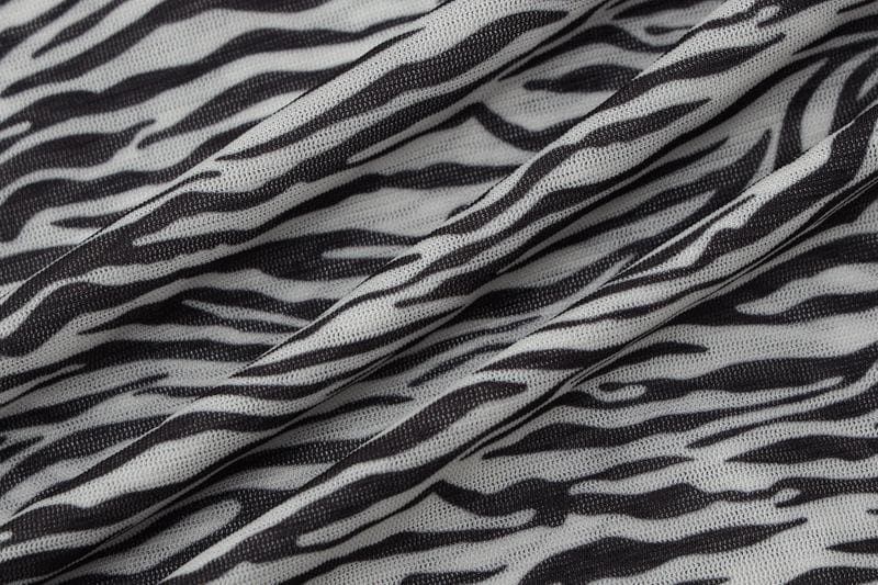 Zebra print hollow out irregular long sleeve sheer mesh see through mini dress  | samba dress