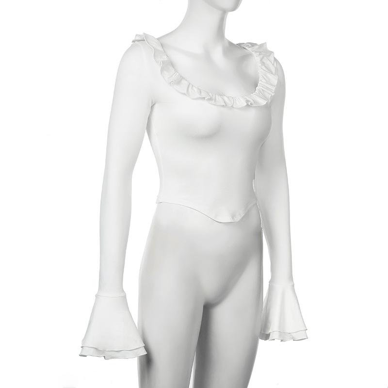 Long flared sleeve crewneck ruffle solid top