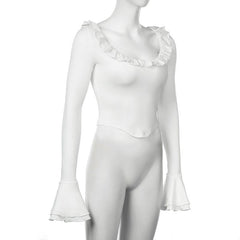 Long flared sleeve crewneck ruffle solid top