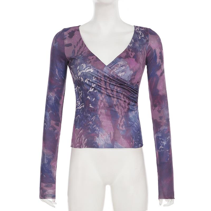 V neck long sleeve tie dye ruched top
