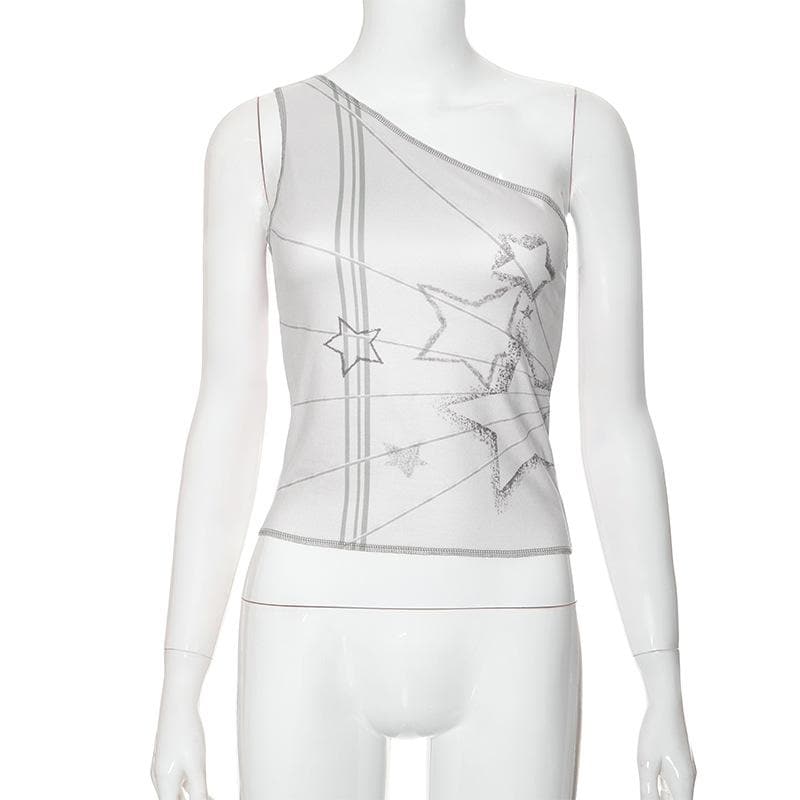 One shoulder stitch star print contrast top
