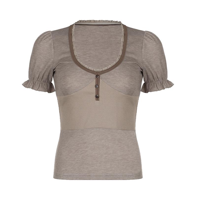 Short puff sleeve button stitch ruffle ribbed top